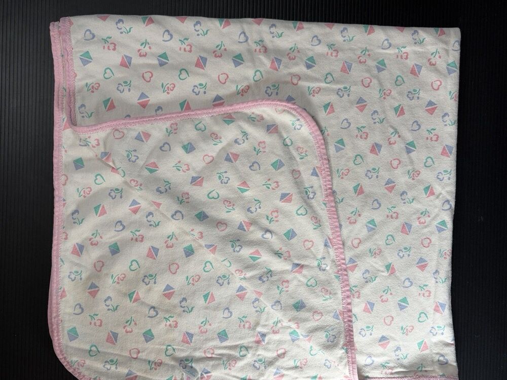 Tykes Vtg Hearts & Flowers White Pastel Made USA Cotton 29X32"  Baby Blanket